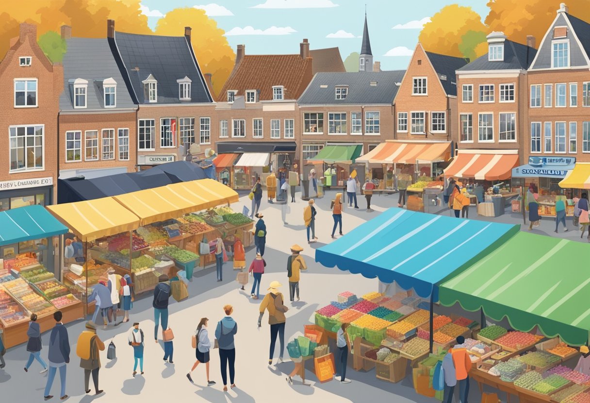 A bustling market in Gelderland, filled with colorful stalls and lively shoppers browsing through a variety of goods