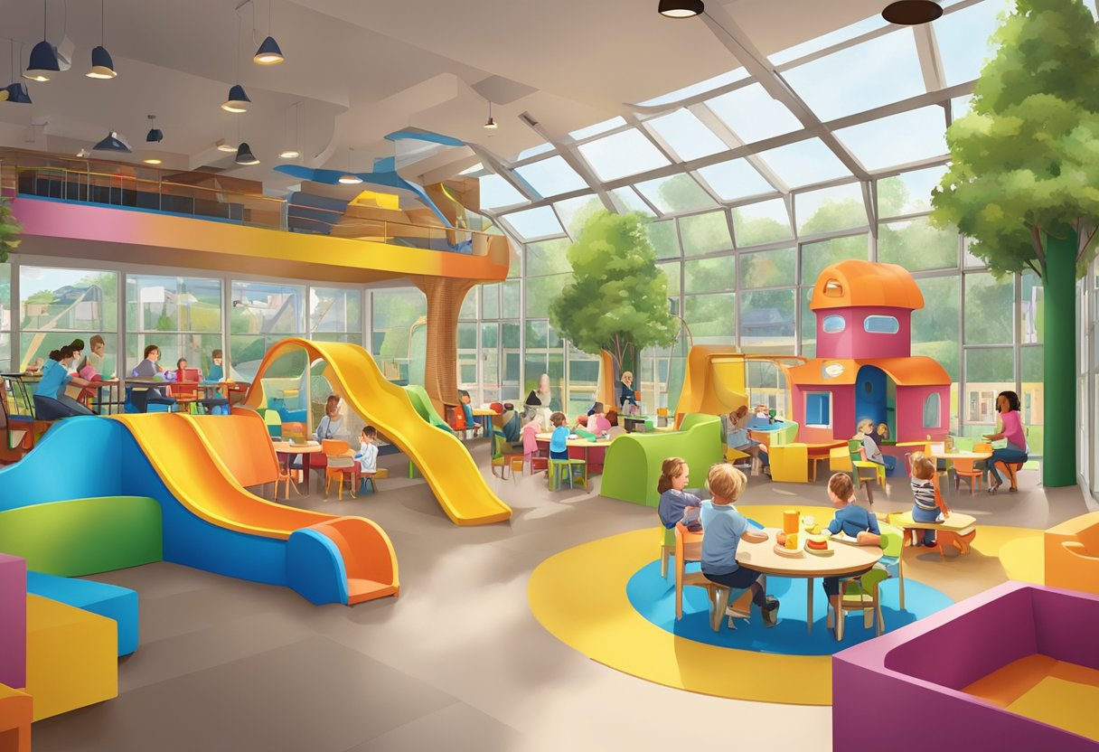 A restaurant in Gelderland with an indoor playground, filled with colorful play structures and children having fun