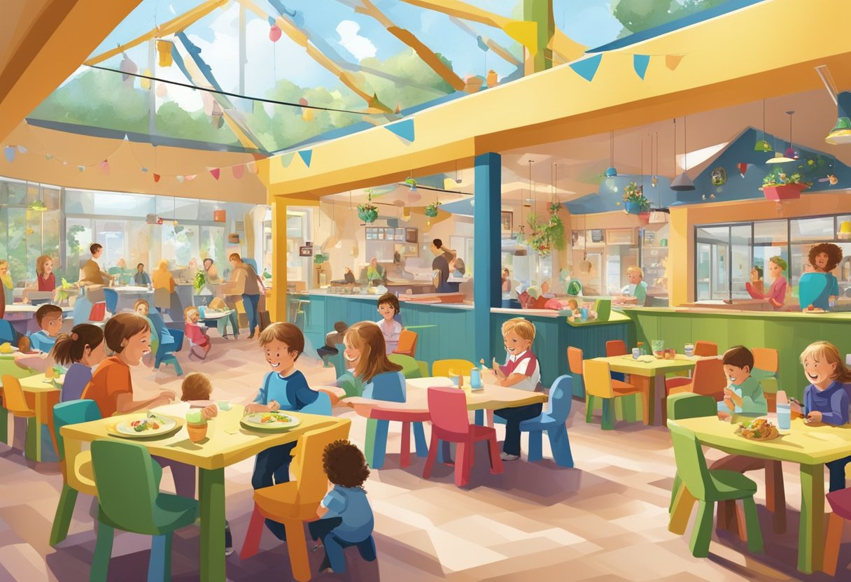 A bustling restaurant in Gelderland with a colorful indoor playground, filled with children playing and laughing while their parents enjoy a meal nearby