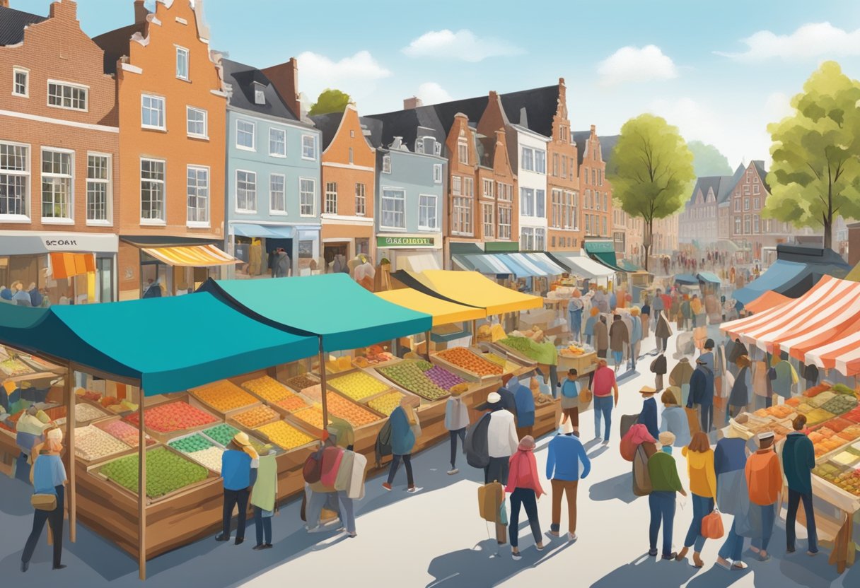 A bustling outdoor market in Gelderland, filled with colorful tents and lively crowds browsing through artisanal goods and local produce