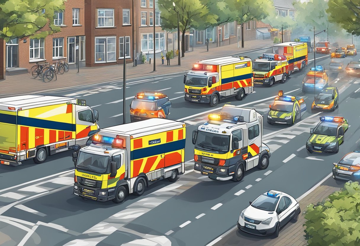 Emergency vehicles speed through the streets of Gelderland Zuid, responding to urgent 112 calls. Sirens blare and lights flash as they race to their destinations