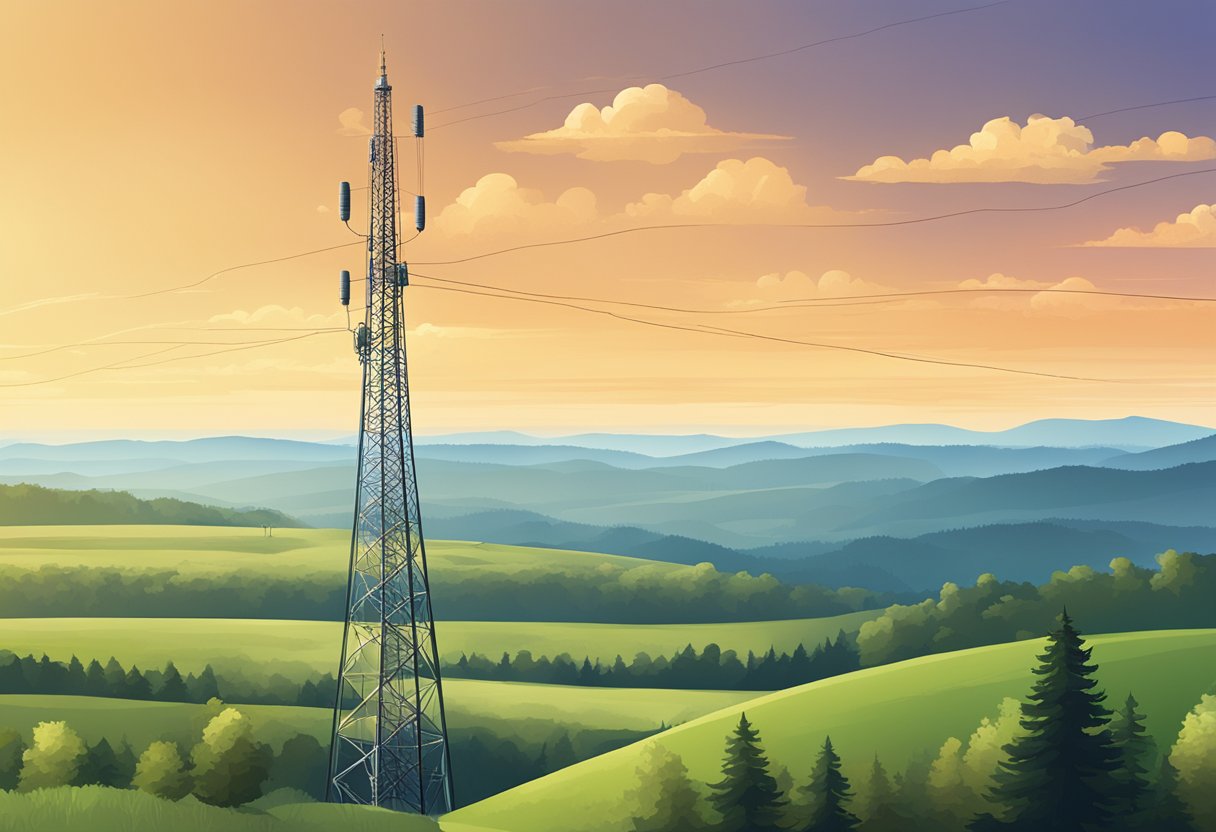 A radio tower stands tall against a backdrop of rolling hills and forests, with the signal of Radio 2 Gelderland broadcasting out across the landscape