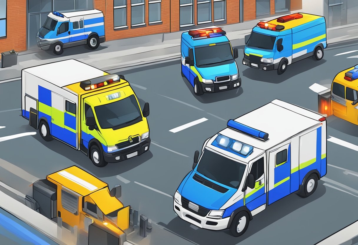 Emergency vehicles rushing through a busy city street, sirens blaring and lights flashing, as they respond to various incidents in the Gelderland Midden region