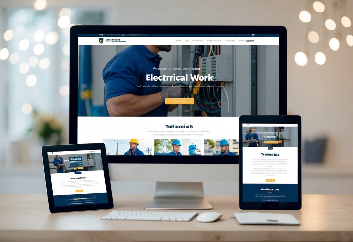 A clean, modern website layout with clear navigation and high-quality images of electrical work. Testimonials and contact information prominently displayed