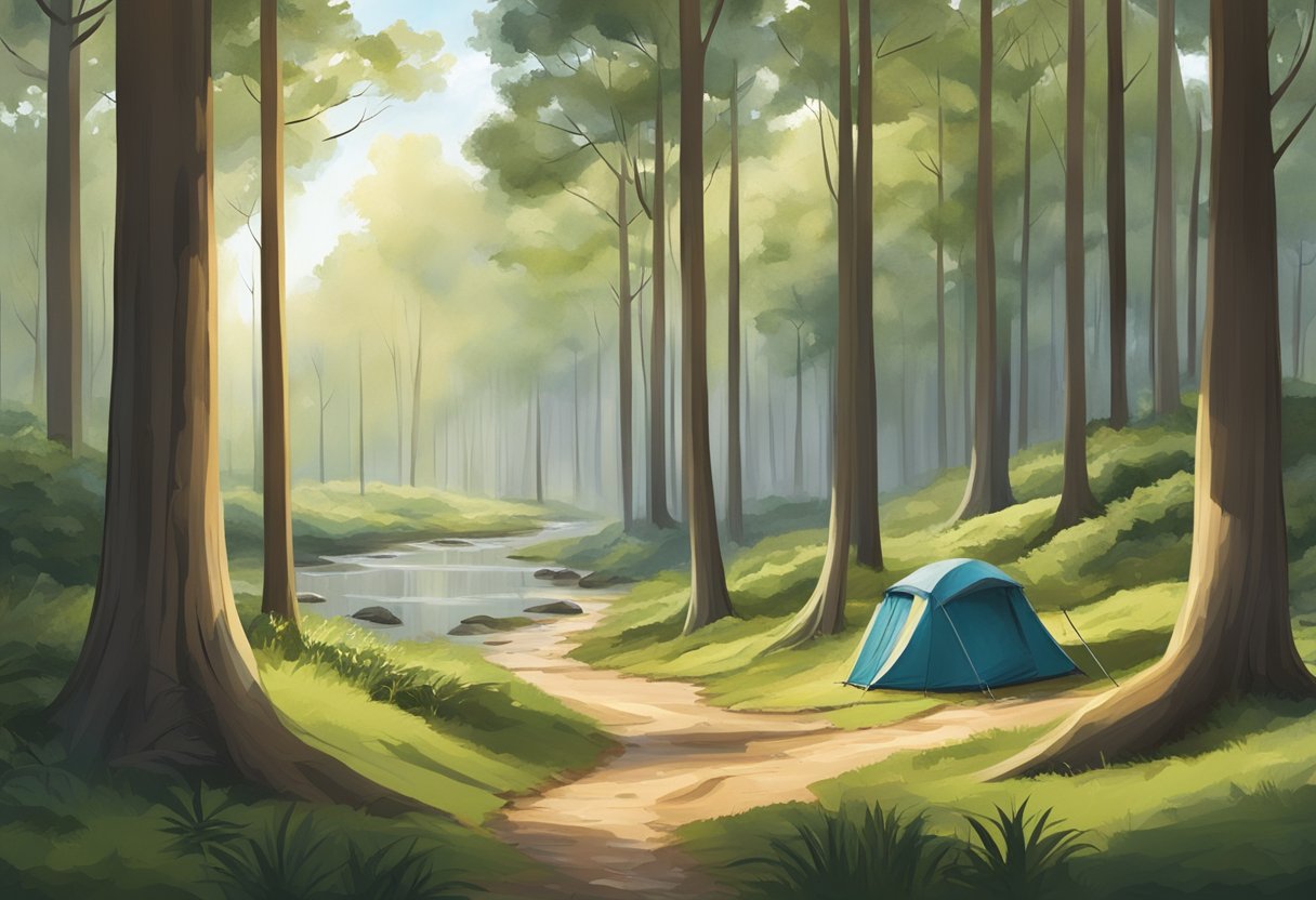 A serene forest clearing in Gelderland's Veluwe region, with small tents nestled among tall trees and a winding stream nearby