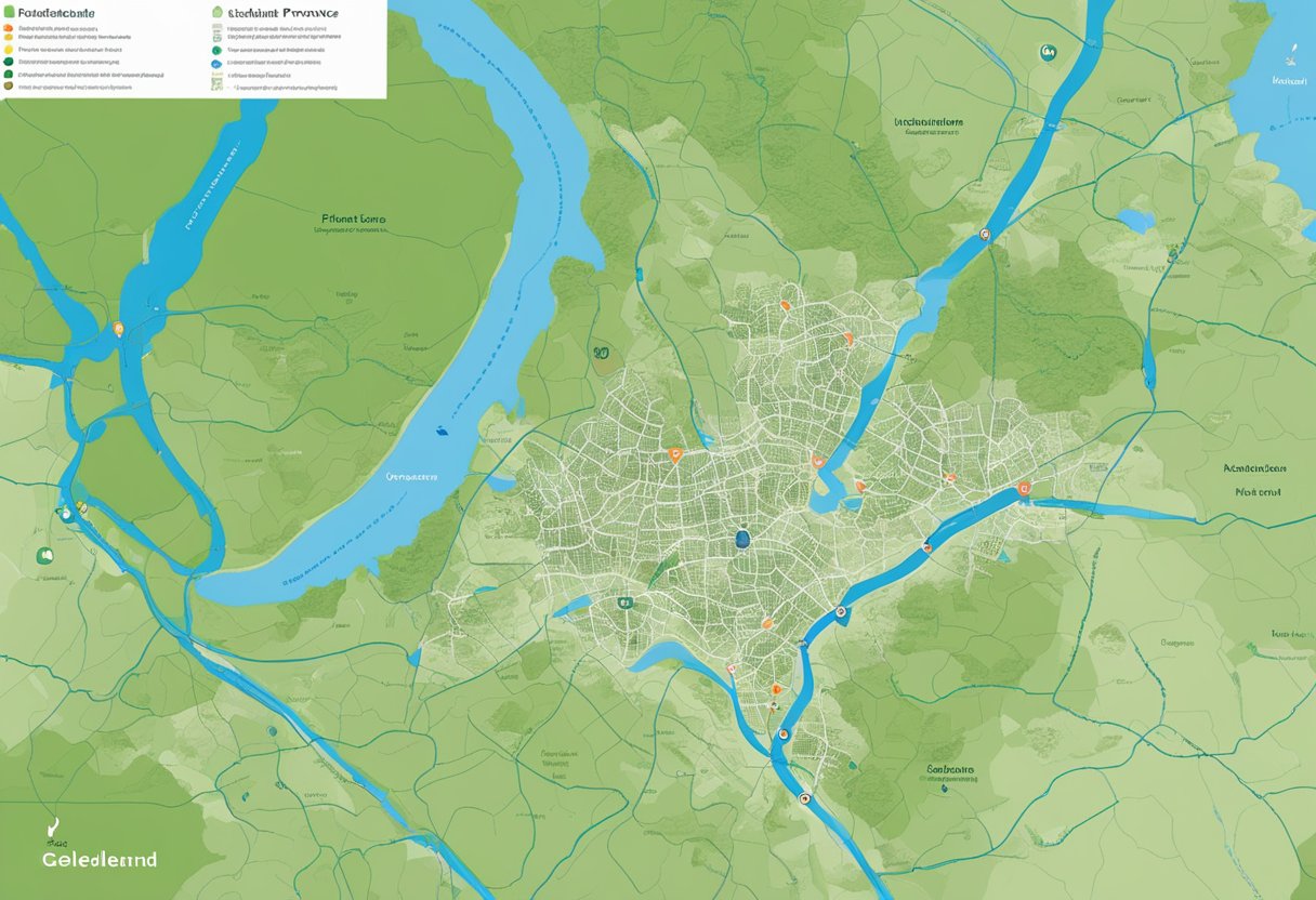 A map of Gelderland province with Fletcher Hotels marked. Forests, rivers, and cities are visible, with the hotels pinpointed in key locations