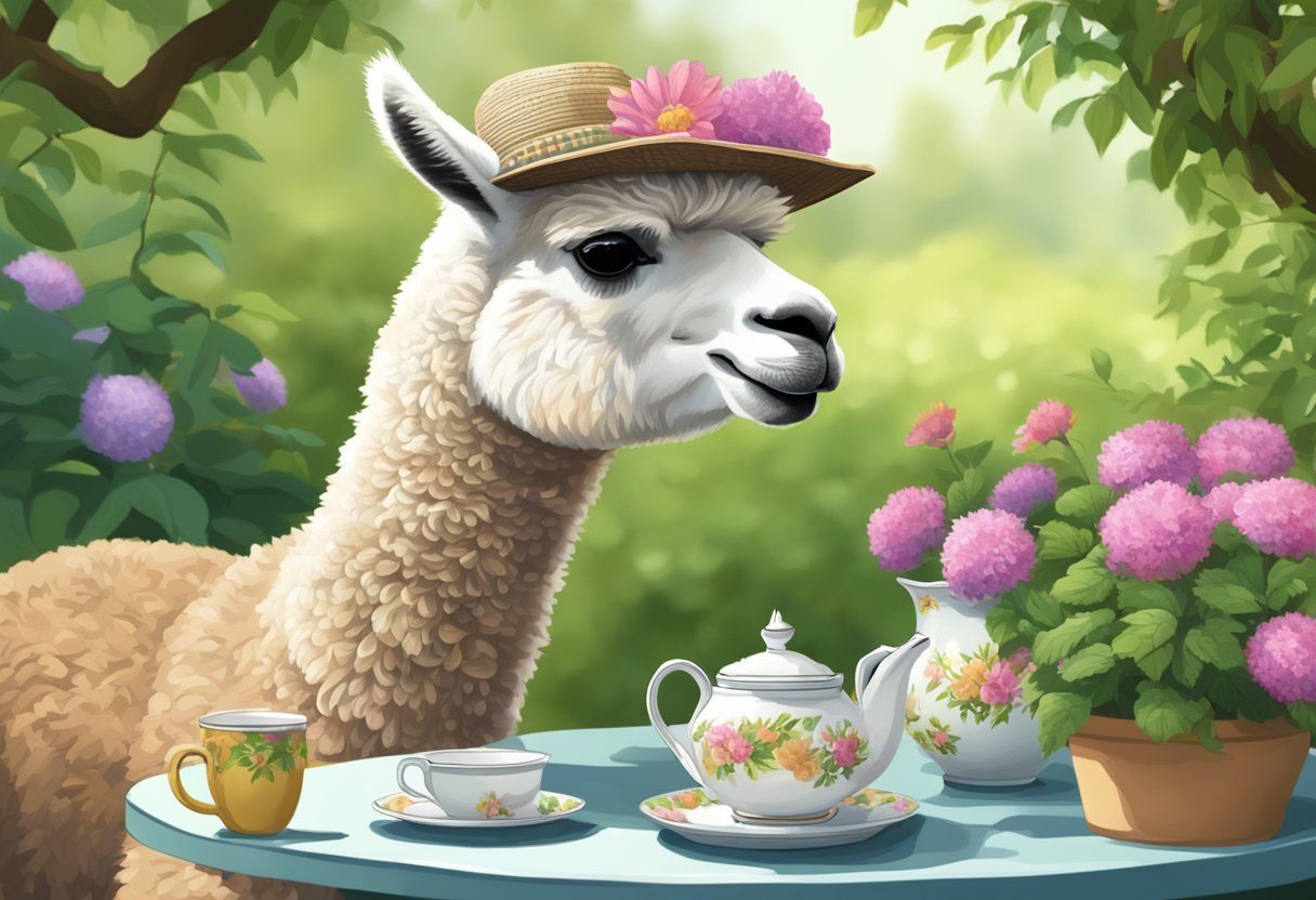 An alpaca wearing a fancy hat sits at a table with a teapot and teacup in a lush garden in Gelderland