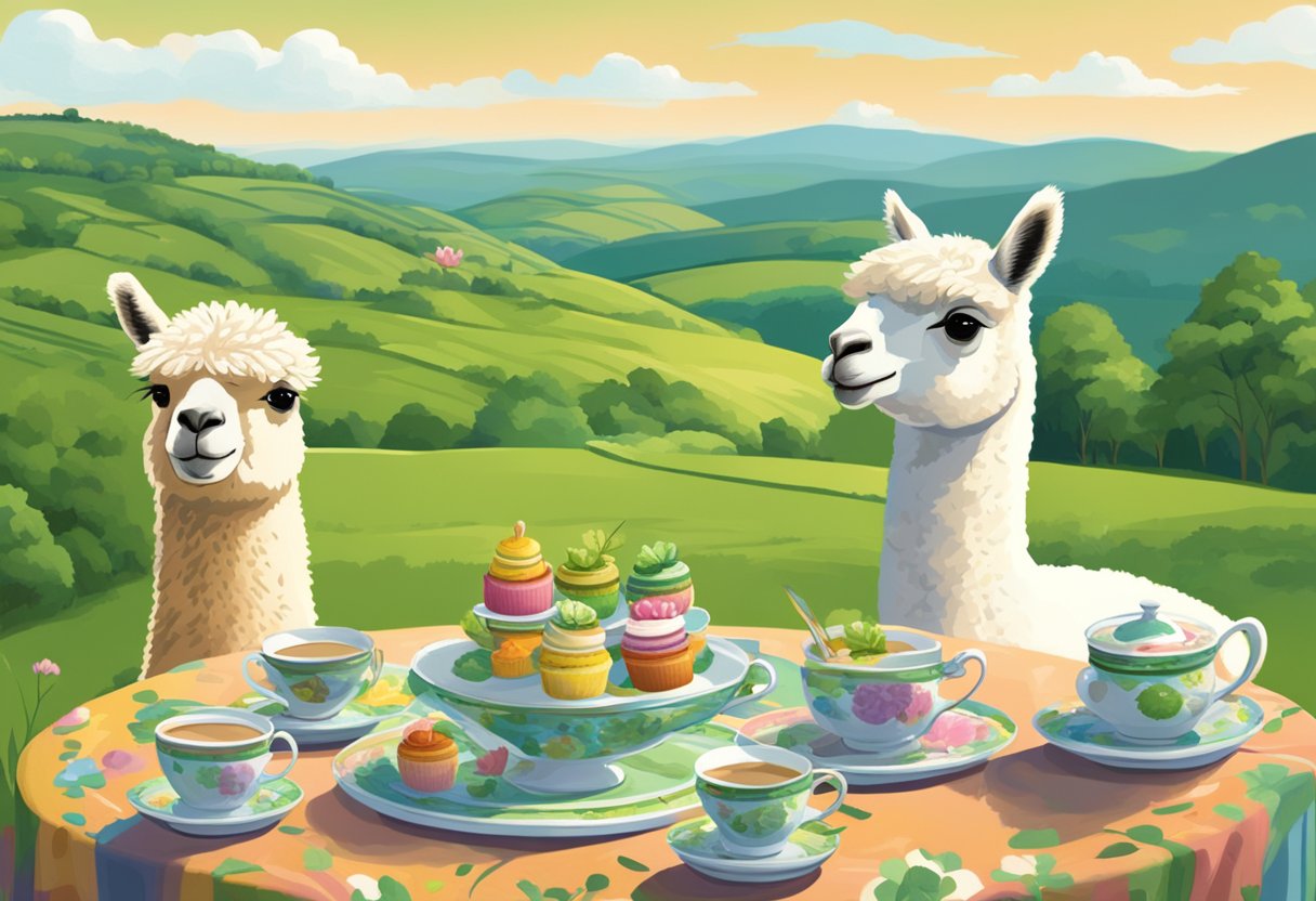 An alpaca high tea in Gelderland: alpacas grazing in a lush, green field, surrounded by colorful teacups and saucers on a table, with a backdrop of rolling hills