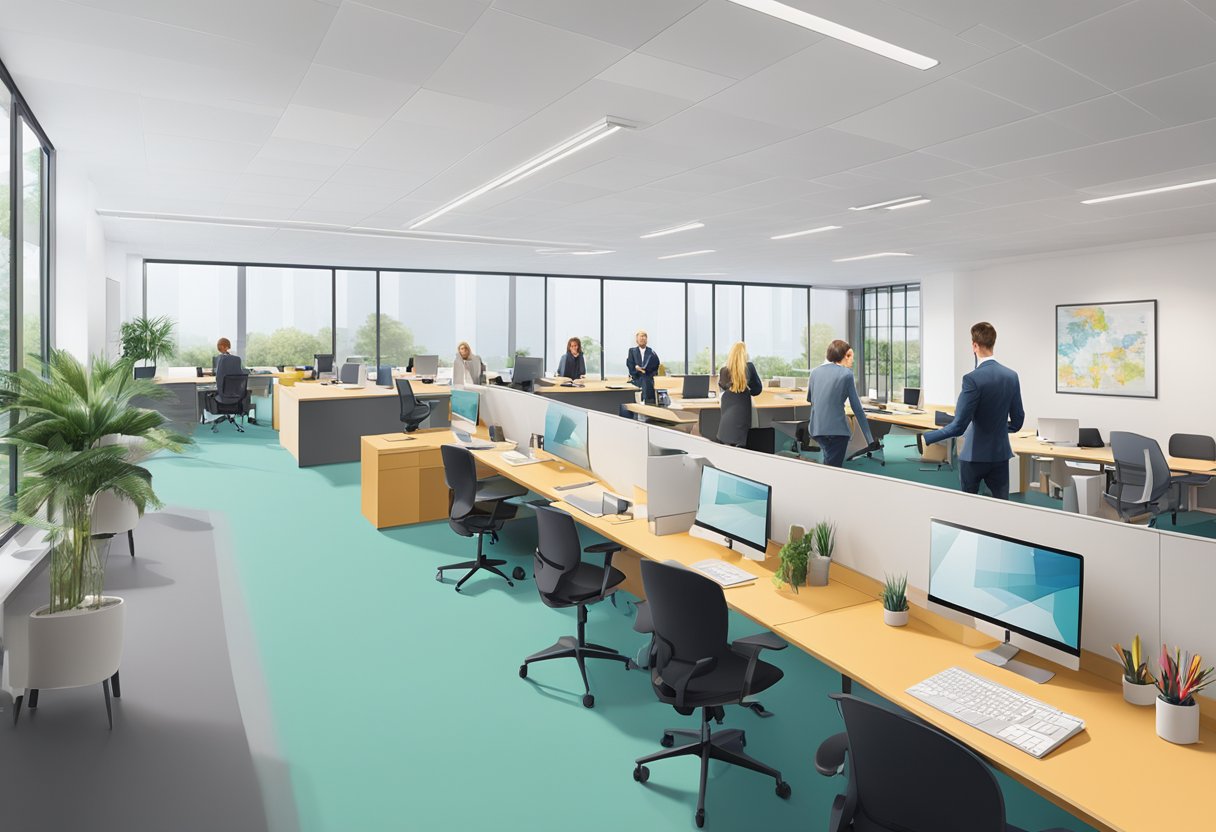 A bustling office at GGD Gelderland-Zuid, with staff working at desks and meeting in conference rooms