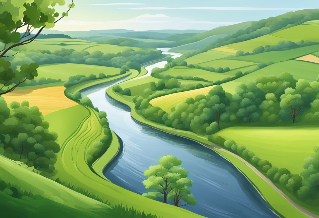 A serene landscape with rolling hills, lush greenery, and a winding river cutting through the countryside in the Gelderland region of the Netherlands