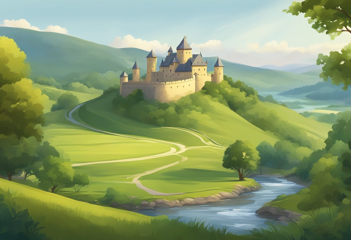 A serene landscape with rolling hills, a winding river, and lush forests. A historic castle sits atop a hill, surrounded by grazing animals