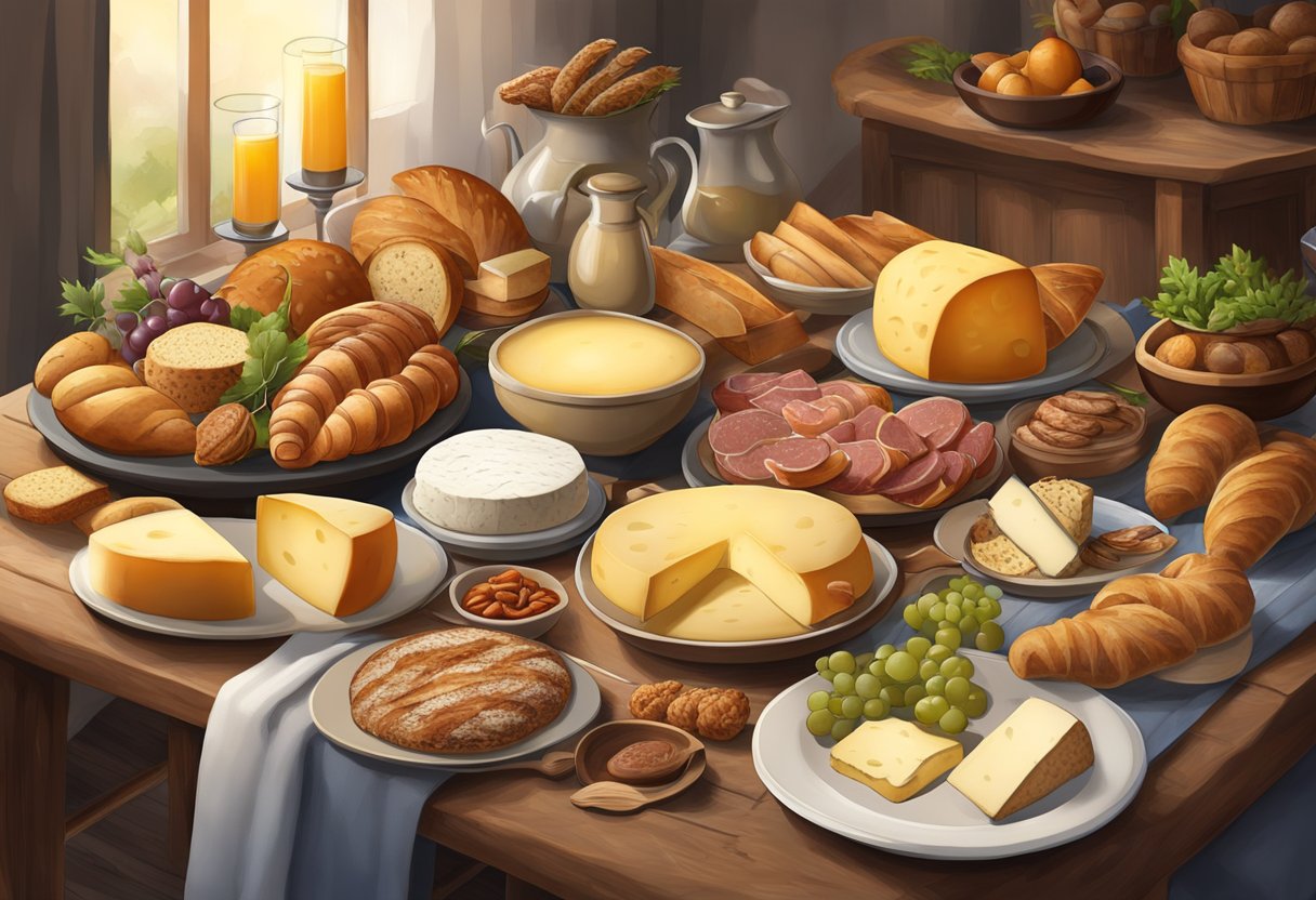 A table filled with an assortment of food from the Gelderland region, including cheeses, meats, breads, and pastries, surrounded by a cozy and inviting atmosphere