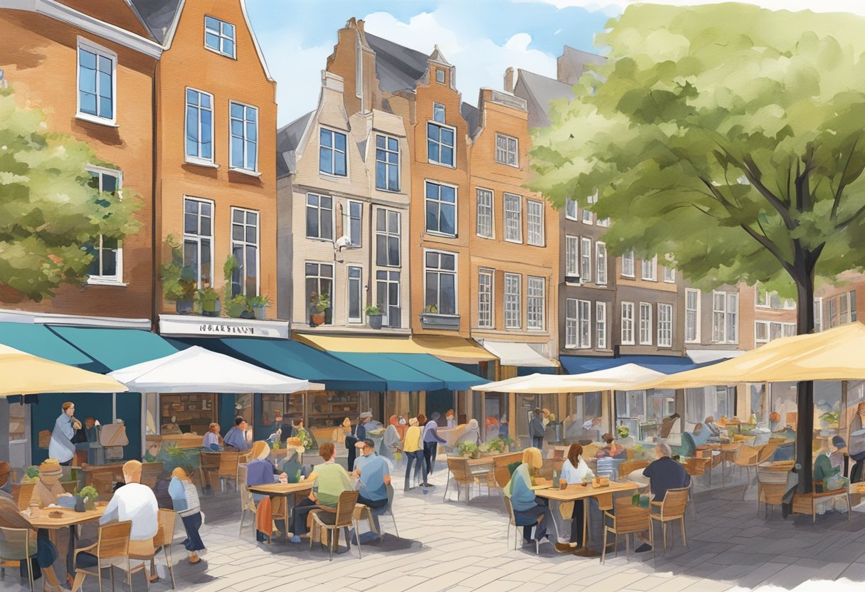 A bustling town square in Apeldoorn, with people enjoying outdoor cafes, browsing market stalls, and admiring historic architecture