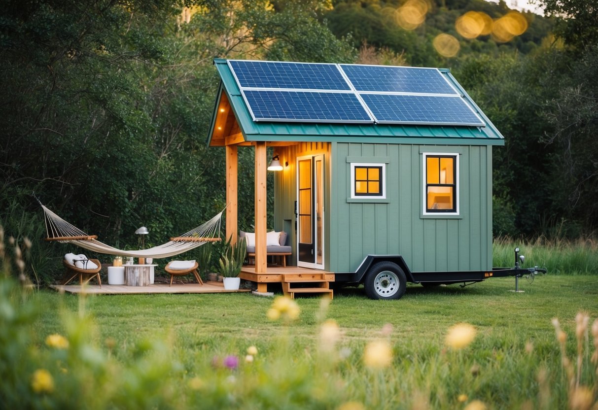 Ein gemütliches Tiny House, eingebettet in eine ruhige Naturumgebung, mit einem kleinen Garten und Solarpaneelen auf dem Dach. Eine Hängematte und ein kleiner Sitzbereich im Freien runden das friedliche Ambiente ab