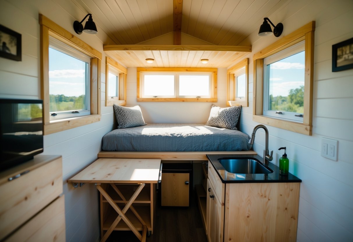 Ein gemütliches Interieur eines Tiny Houses mit Hochbett, kompakter Küche und ausklappbarem Tisch. Durch die kleinen Fenster strömt Sonnenlicht herein und erhellt den Raum