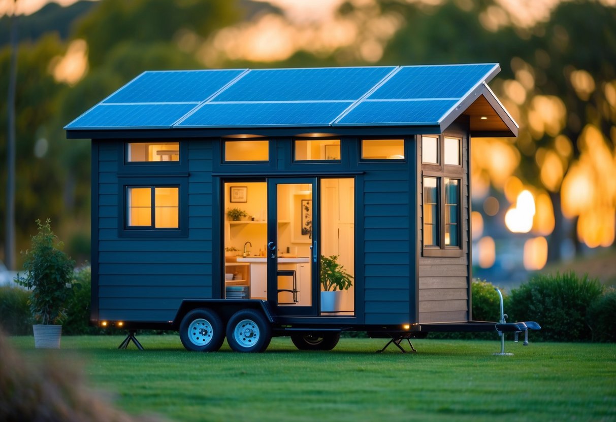 Ein Tiny House mit Fokus auf finanzielle Aspekte und Versicherungen, kompakter Grundriss mit effizienter Raumnutzung, Sonnenkollektoren auf dem Dach und einem kleinen Garten