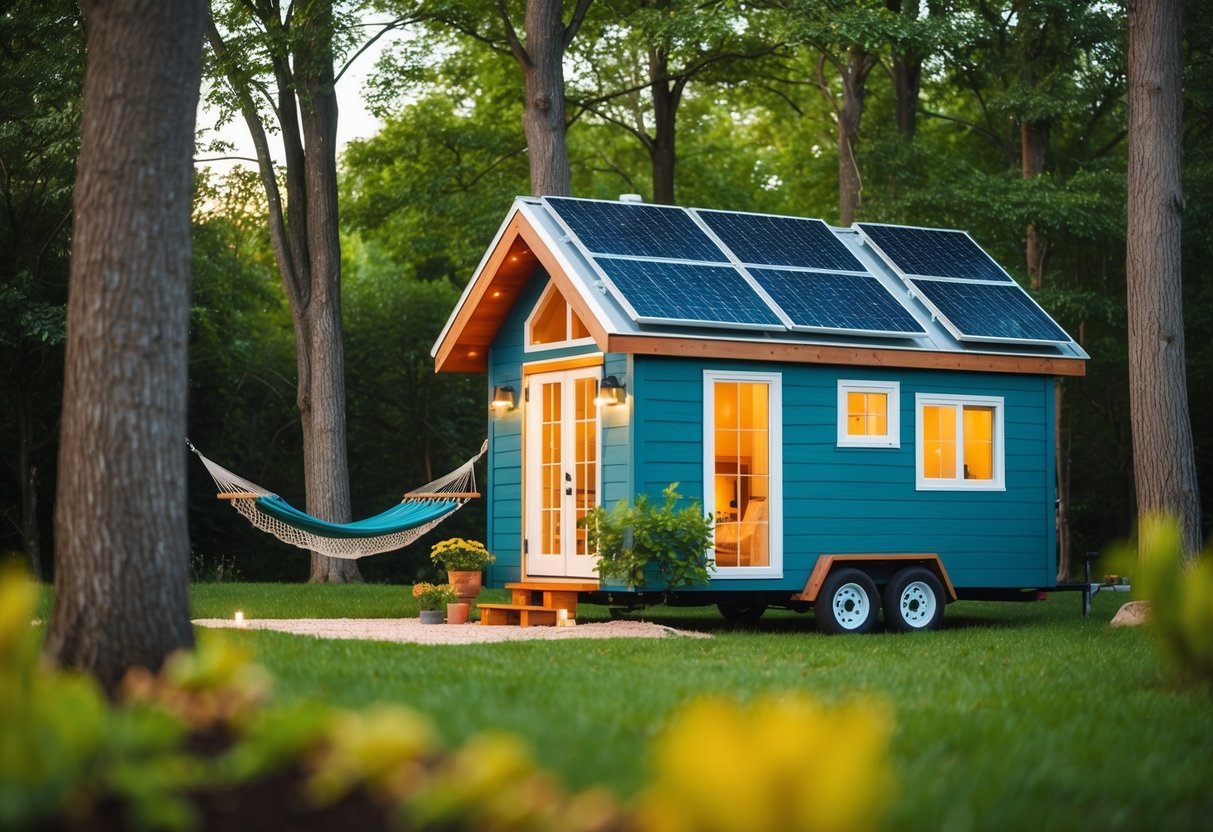 Ein gemütliches Tiny House, eingebettet zwischen Bäumen, mit Sonnenkollektoren auf dem Dach, einem kleinen Garten davor und einer Hängematte, die sich in der sanften Brise wiegt