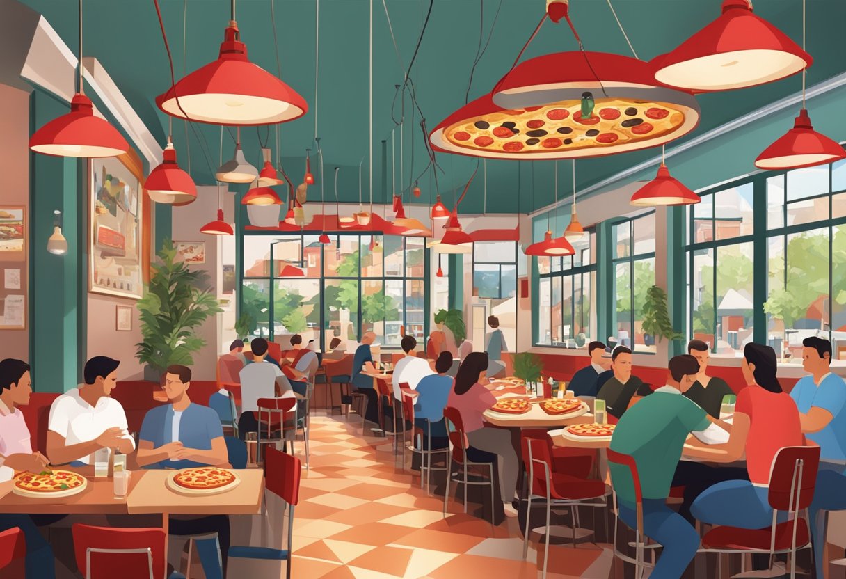 A busy New York Pizza restaurant in Apeldoorn, with customers enjoying slices at red-checkered tables under hanging pendant lights