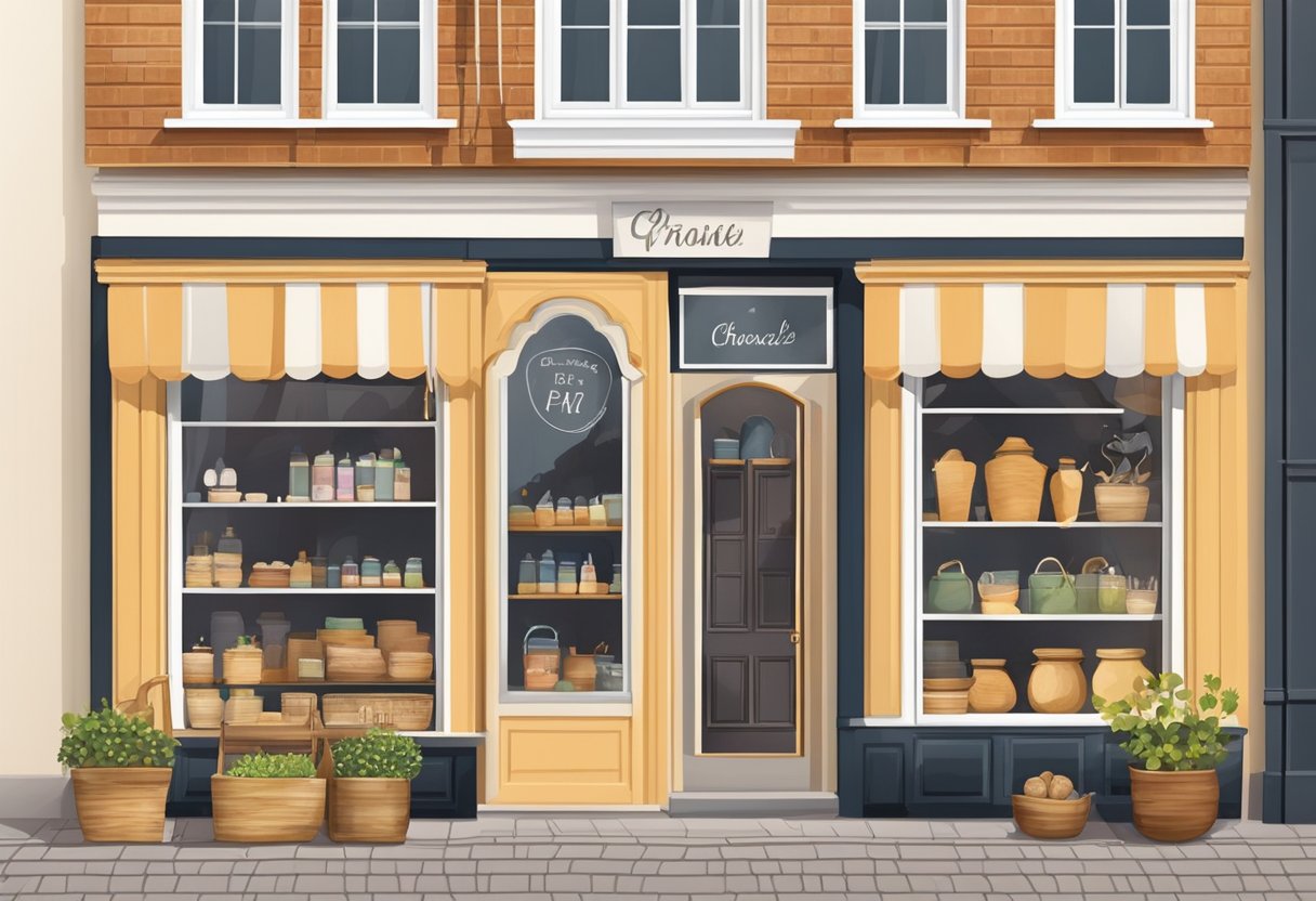 A cozy storefront in a Dutch town, with a charming sign and window displays of handmade goods and natural products