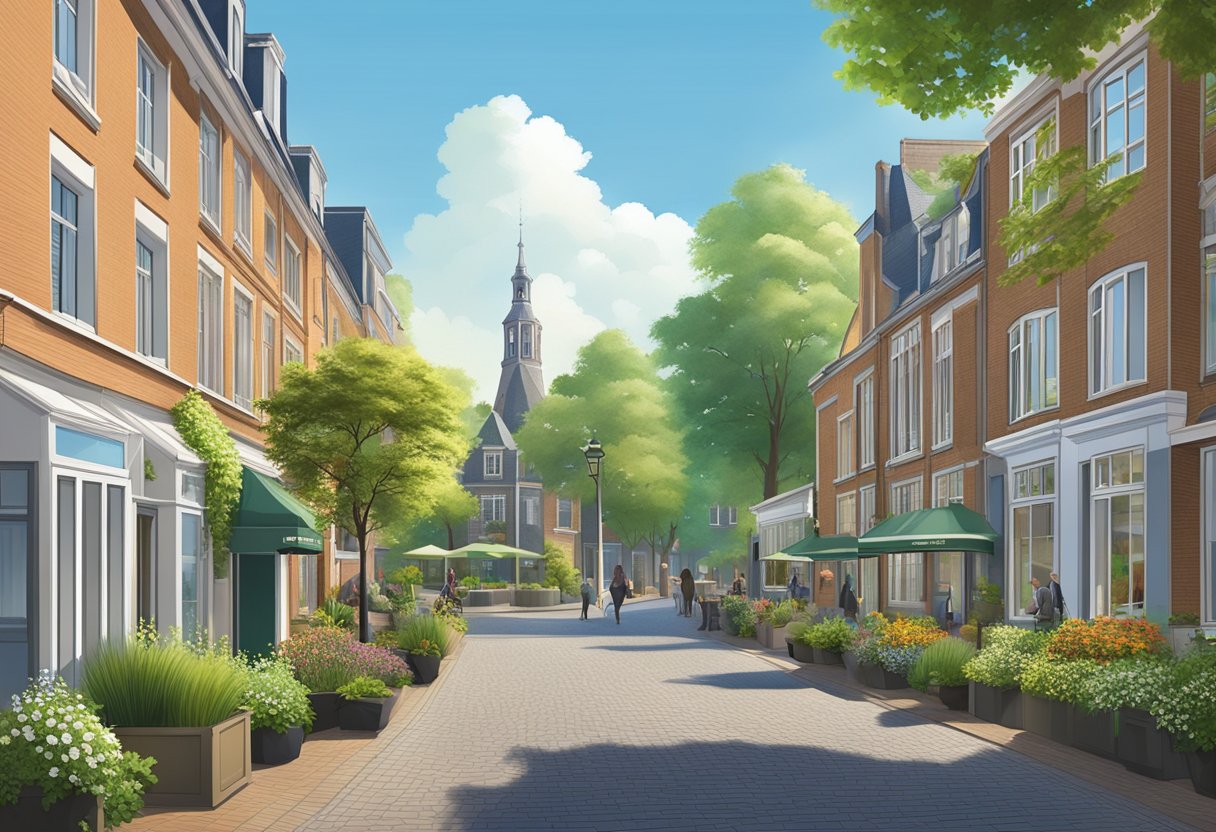 A picturesque street in Apeldoorn, with the van der Valk hotel standing tall against a backdrop of lush greenery and a clear blue sky