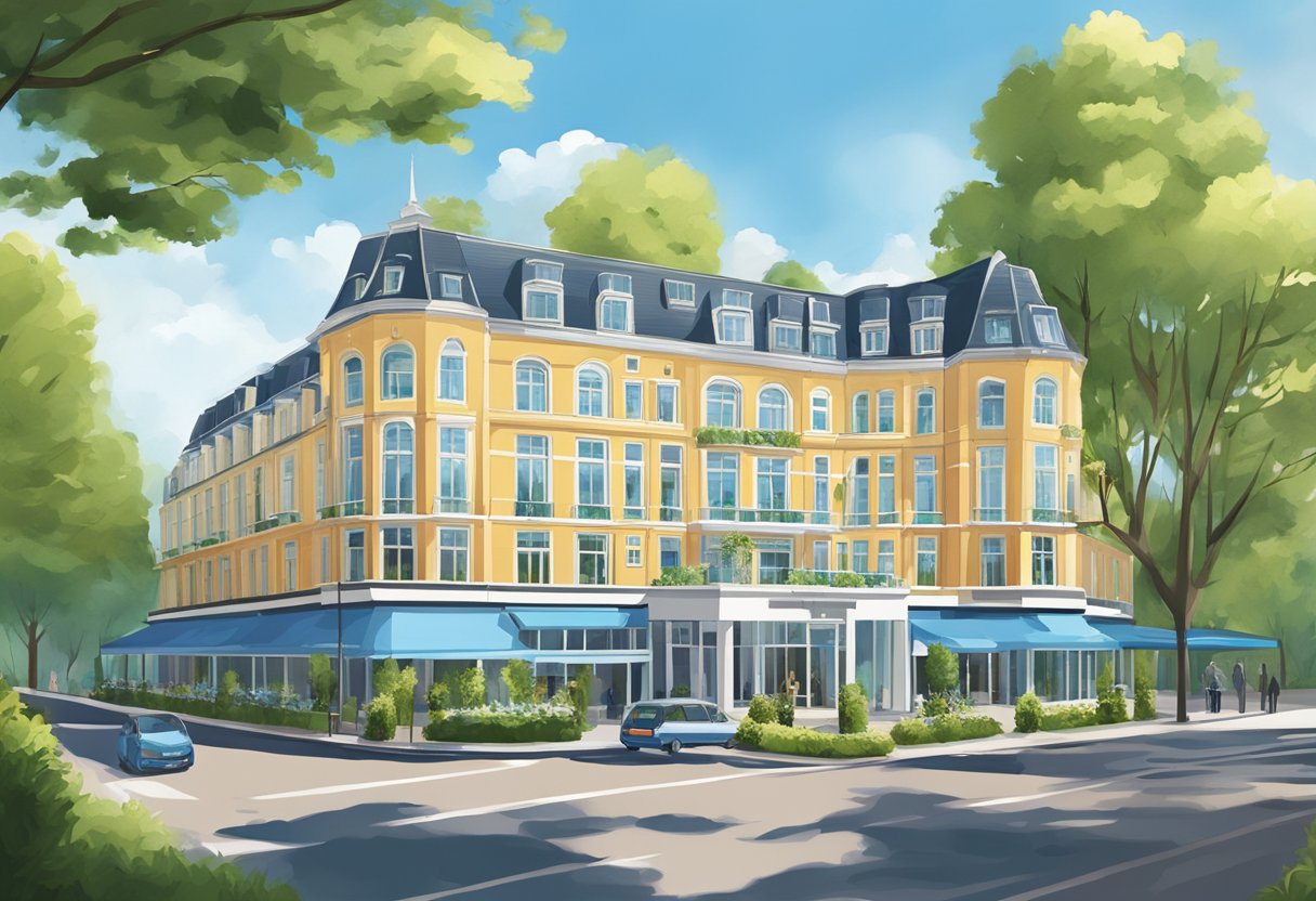 A grand hotel with a modern design stands on a bustling street in Apeldoorn, surrounded by lush greenery and a clear blue sky