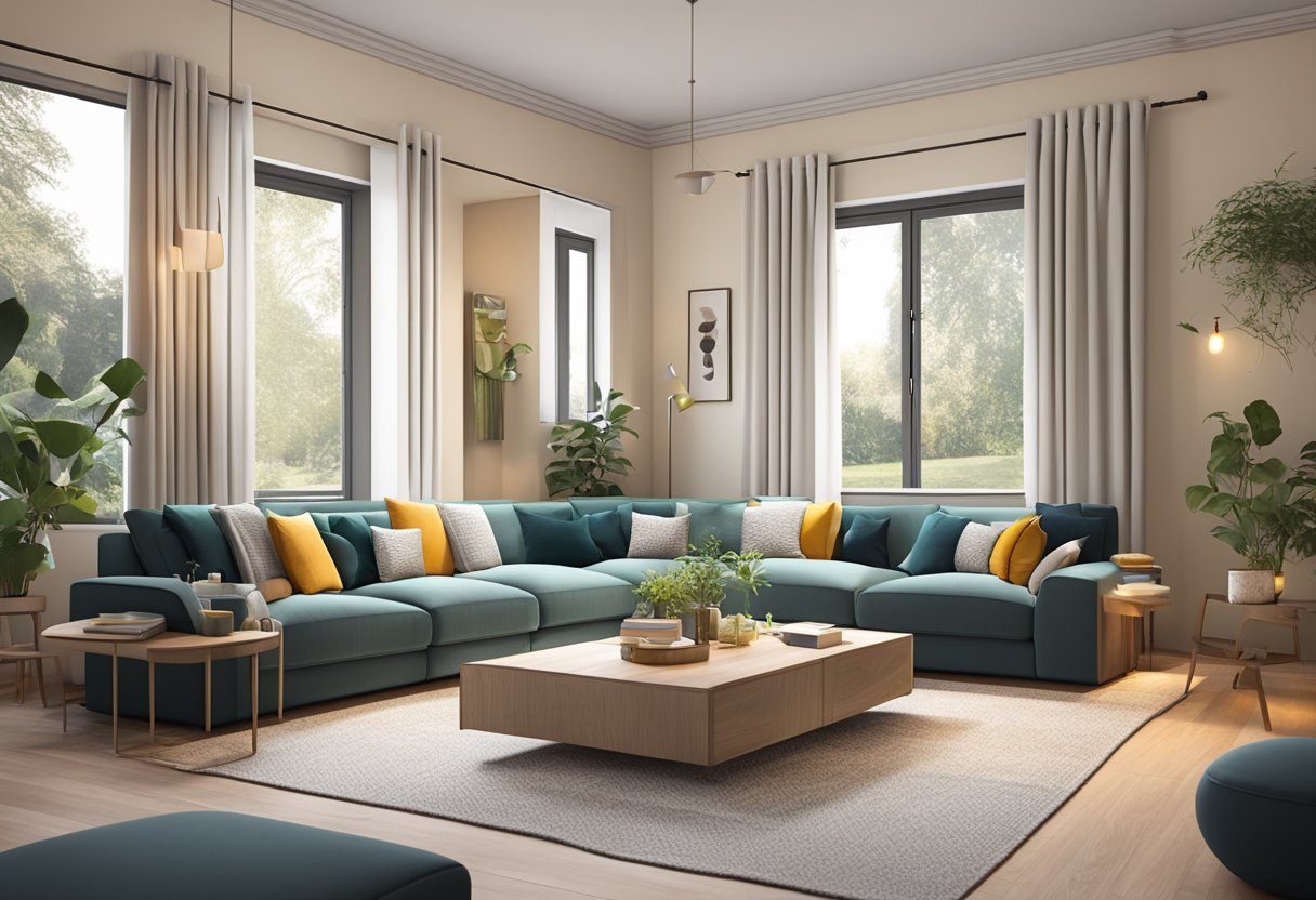 A cozy living room with modern furniture from Seats and Sofas Apeldoorn. Warm lighting, soft rugs, and comfortable seating create a welcoming atmosphere