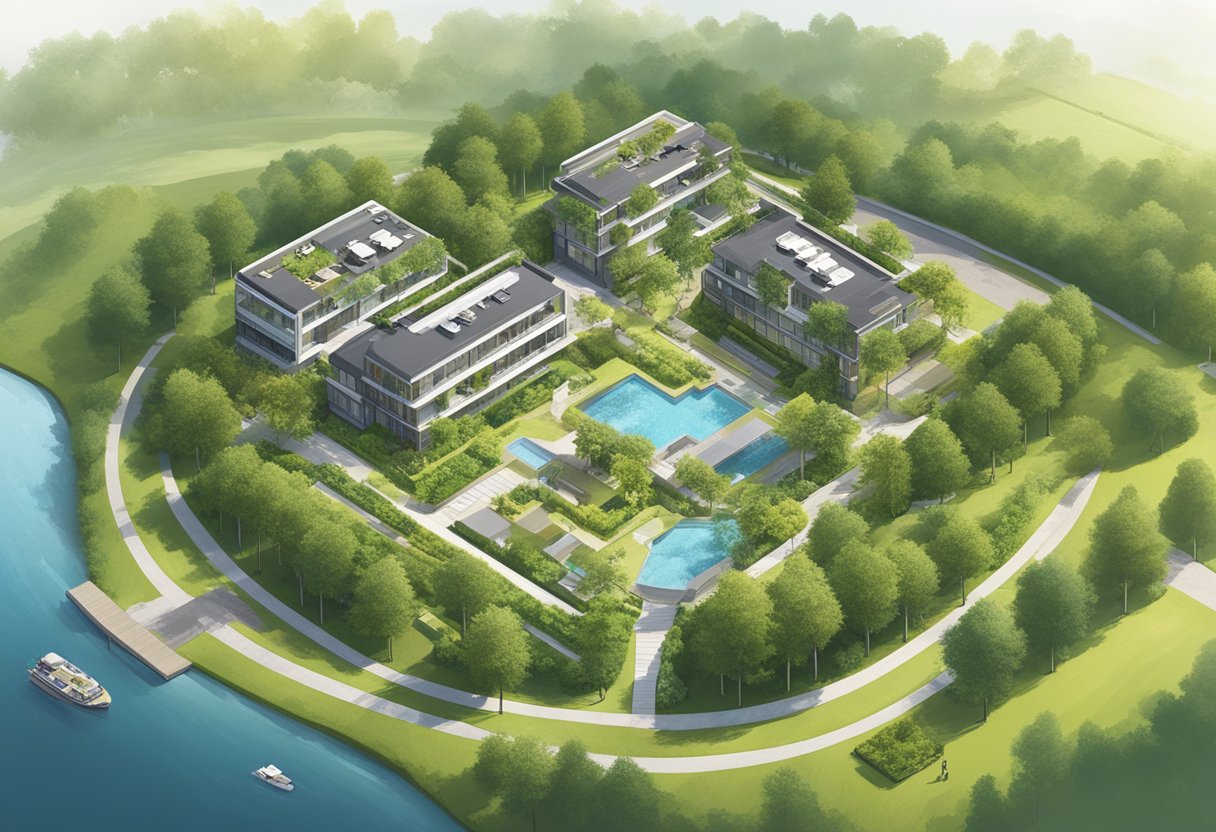 Aerial view of Van der Valk Arnhem accommodations and room types, surrounded by lush greenery and a calm, serene atmosphere