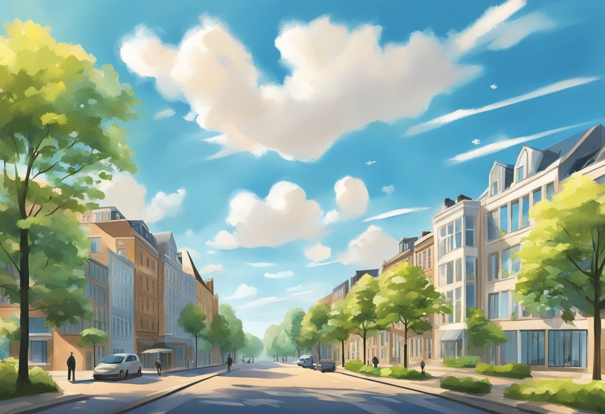 A sunny day in Arnhem with clear blue skies, scattered white clouds, and a gentle breeze. Trees and buildings are depicted in the background