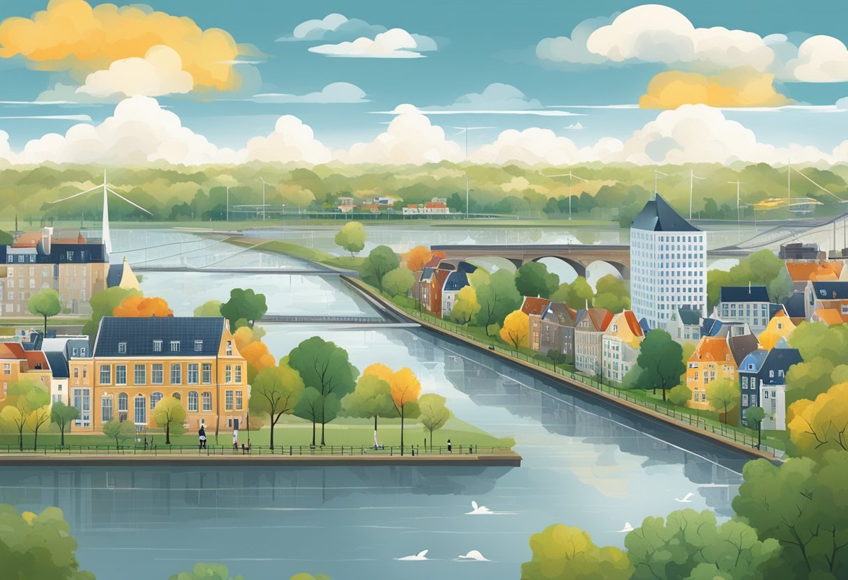 The scene depicts the current weather conditions in Arnhem, with a 14-day weather forecast. It shows the cityscape with various weather elements such as sun, clouds, rain, and wind