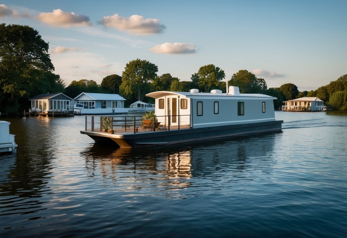 Ein Hausboot, das auf ruhigem Wasser schwimmt, umgeben von Bäumen und anderen alternativen Wohnstrukturen