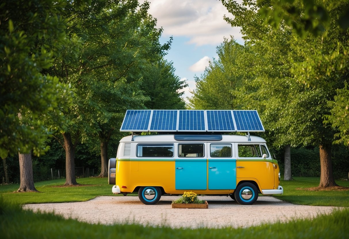 Ein bunter Bauwagen umgeben von Bäumen, mit Sonnenkollektoren auf dem Dach und einem kleinen Garten davor