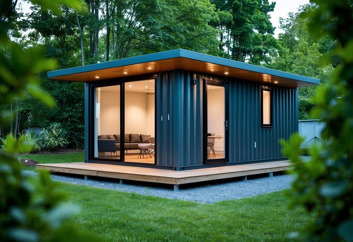 Ein modernes Containerhaus, umgeben von viel Grün und alternativen Wohnstrukturen