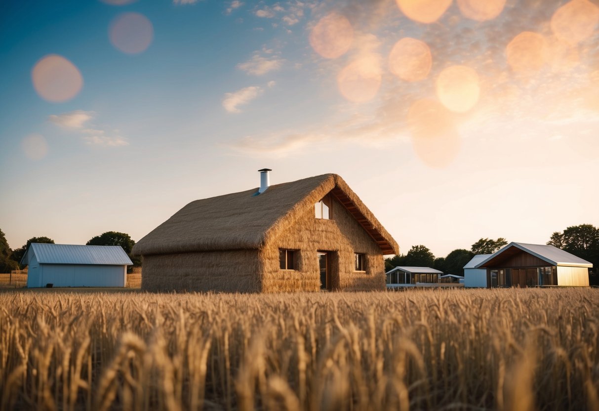 Ein Strohballenhaus, umgeben von alternativen Wohnstrukturen