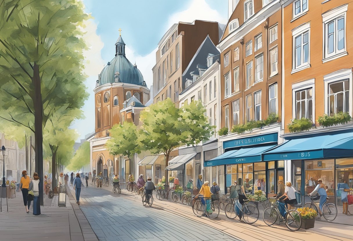 A bustling street in Arnhem with vibrant shops, cafes, and people walking and cycling. The iconic Eusebius Church stands tall in the background, adding to the city's charm