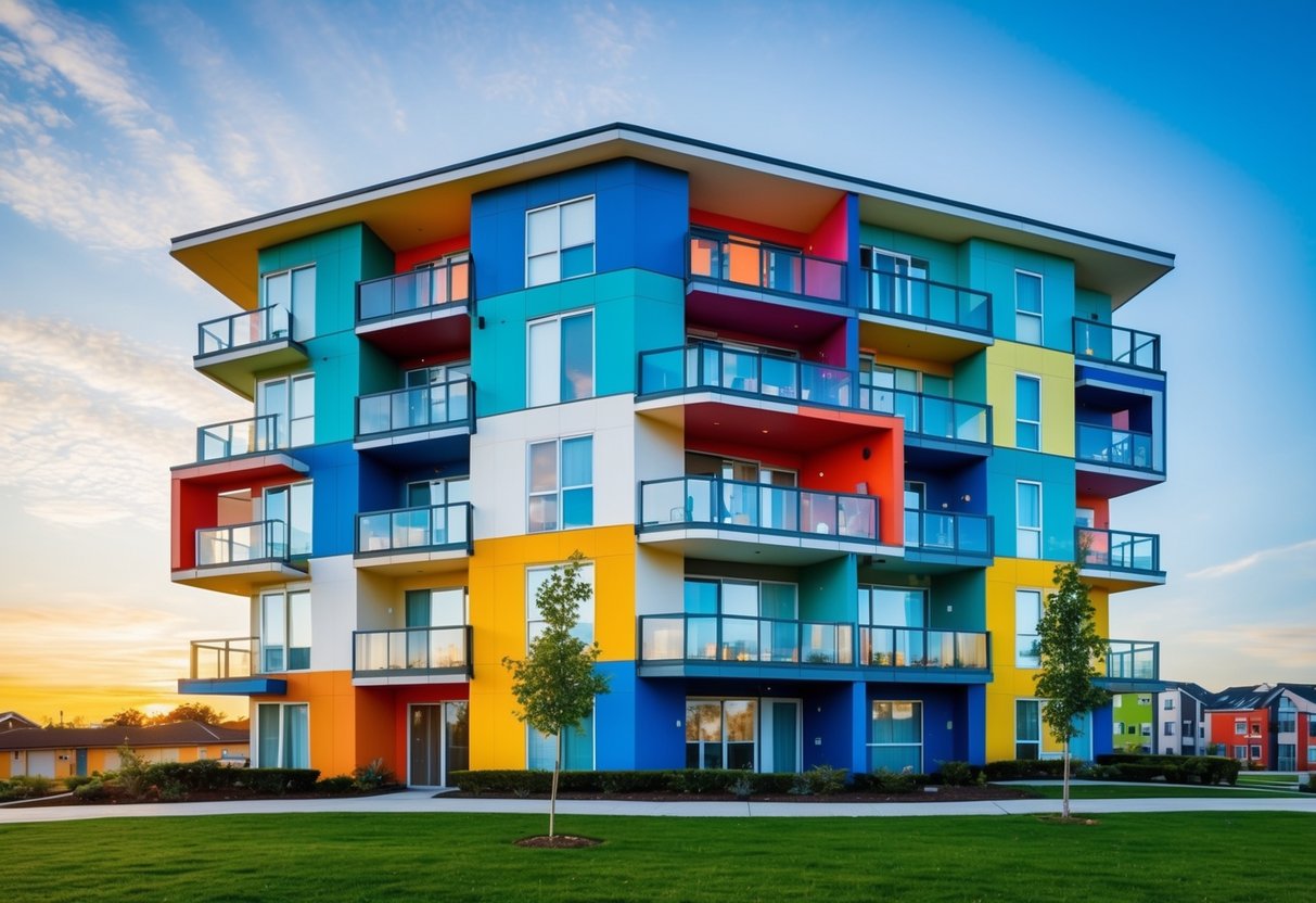 Ein farbenfrohes und modernes Apartmentgebäude mit einzigartigen architektonischen Merkmalen und vielfältigen Wohnräumen