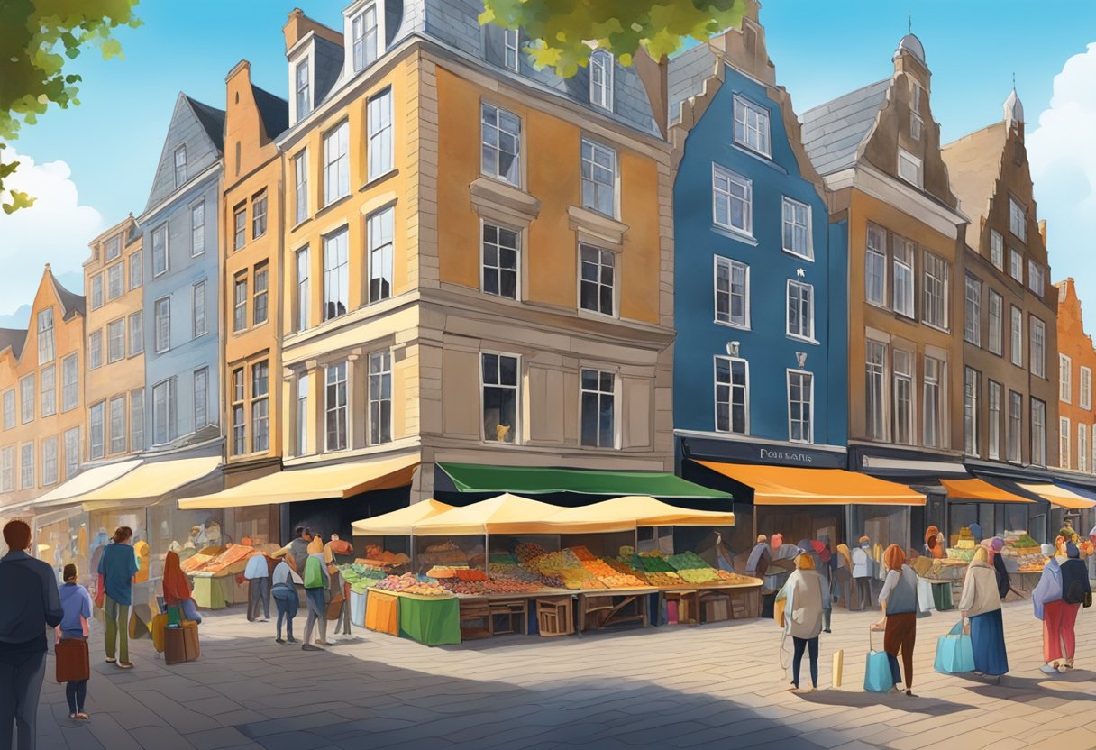 A bustling street market with colorful stalls selling art and crafts, surrounded by historic buildings and lively street performers in Arnhem