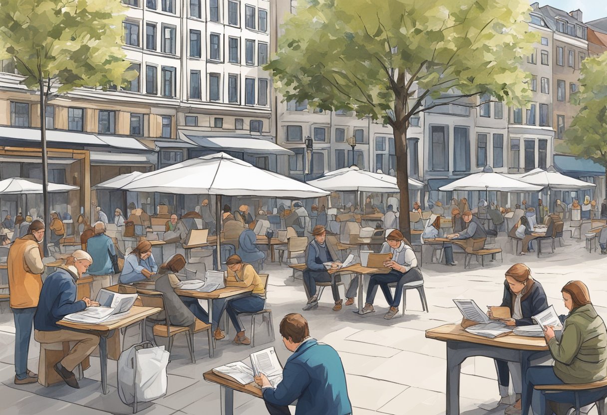 A bustling city square in Arnhem today, with people reading newspapers and checking their phones for the latest news updates