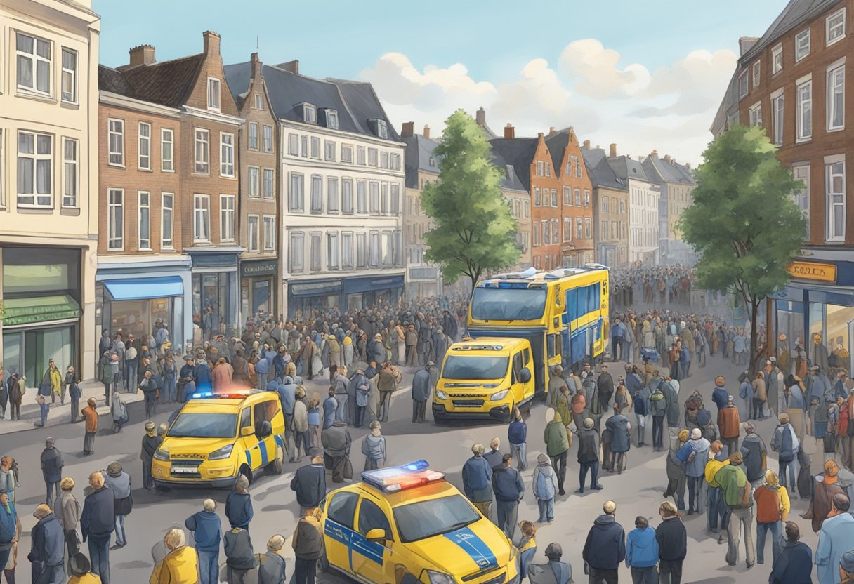 A crowded street in Arnhem, with emergency vehicles and onlookers gathered around a central point. News reporters and police officers are present