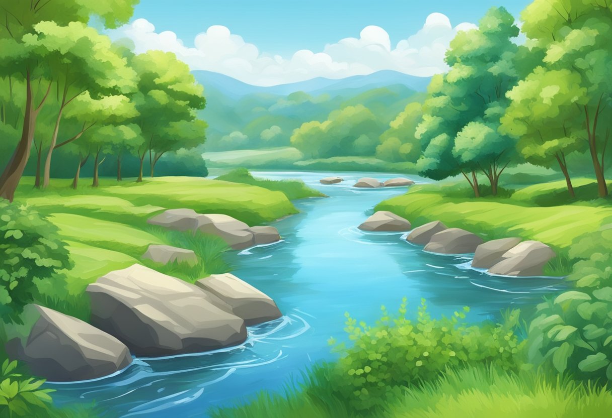 A serene landscape with a flowing river, lush greenery, and a clear blue sky, evoking a sense of peace and freedom