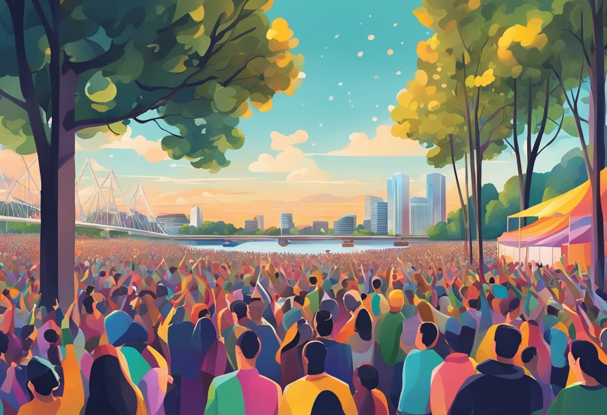 A vibrant music festival in Arnhem with colorful stages, a lively crowd, and a scenic backdrop of the city skyline and the flowing river