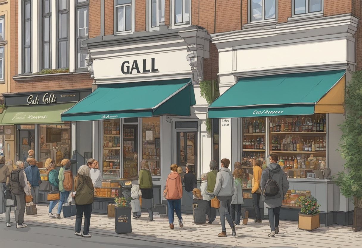 A busy street in Arnhem, with the Gall en Gall liquor store front and center, surrounded by other shops and bustling with people