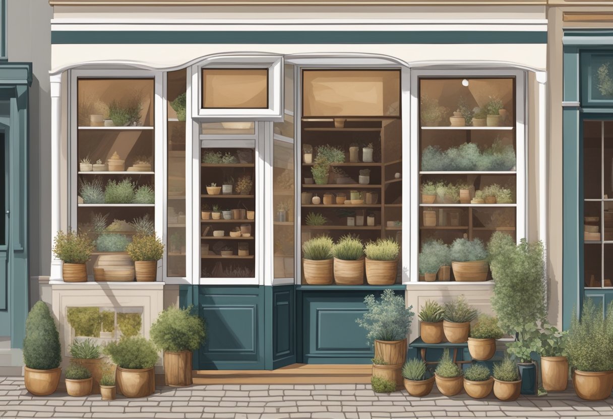 A cozy storefront in Arnhem, with a charming display of rustic home goods and dried herbs in the window