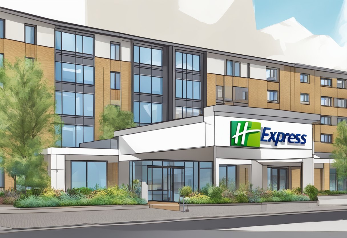 A modern hotel building with a prominent sign reading "Holiday Inn Express Arnhem." The building is surrounded by well-kept landscaping and has a welcoming entrance