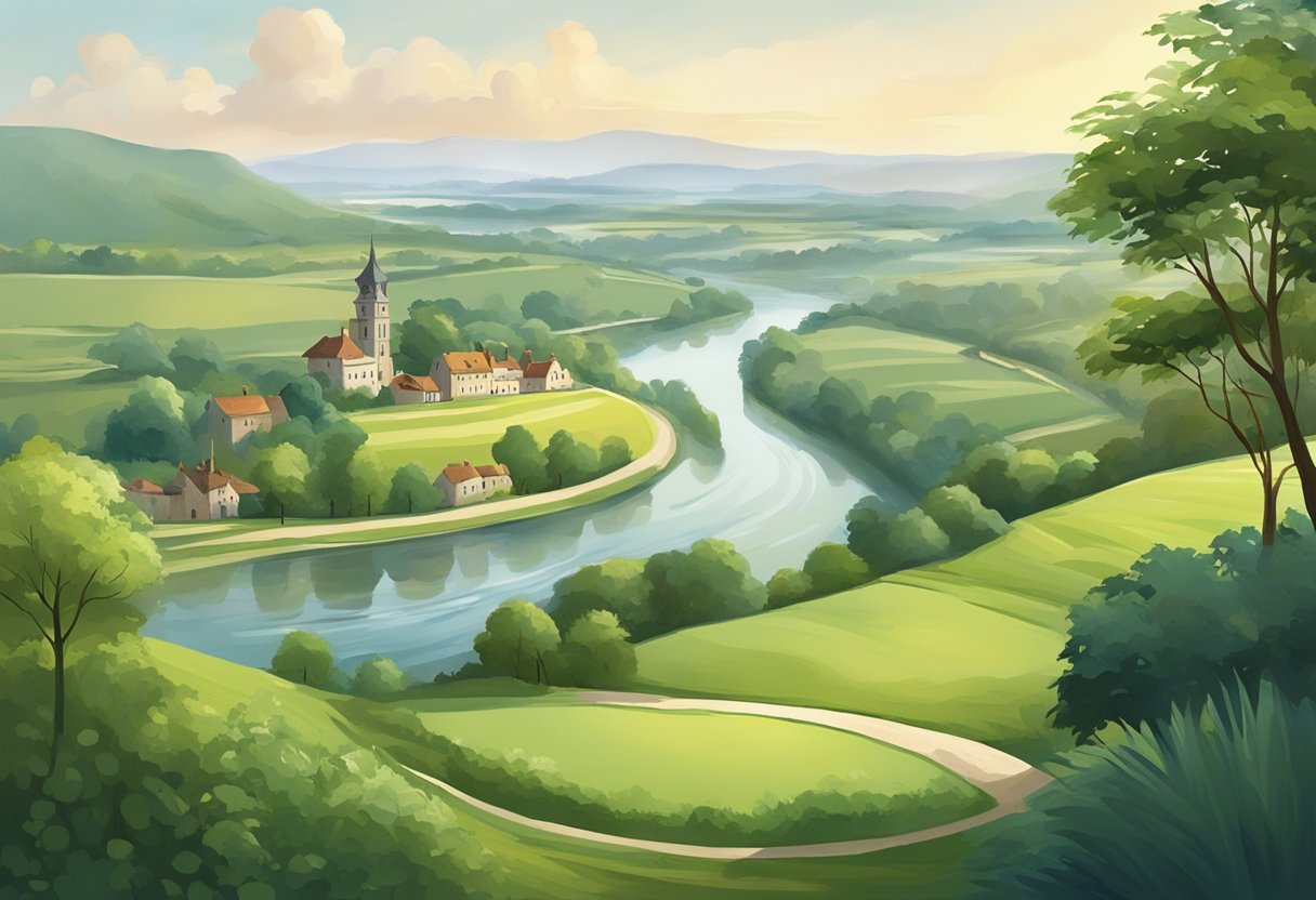 A serene landscape with a winding river, lush greenery, and a quaint town nestled in the distance, inspired by the setting of Arnhem, the birthplace of Thomas a Kempis