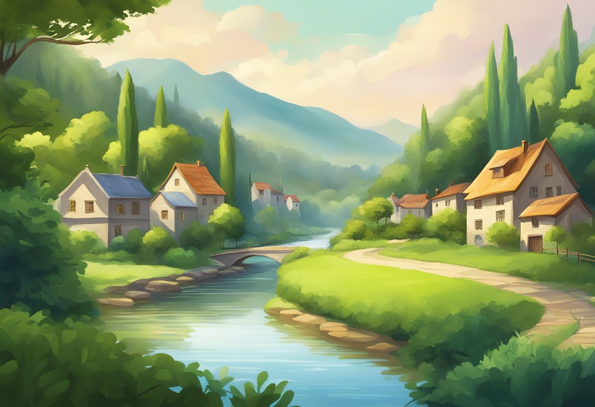 A serene landscape with a small town in the background, surrounded by lush greenery and a calm river flowing through