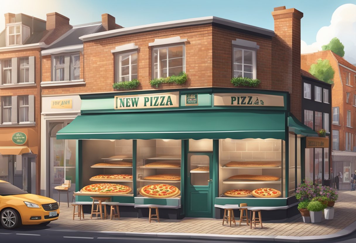 A classic New York pizza shop in Arnhem, with a large brick oven, a counter for ordering, and a display of freshly baked pizzas