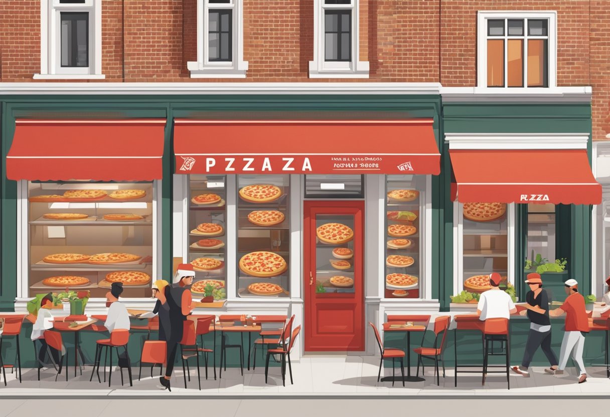 A bustling New York Pizza store in Arnhem with a classic red and white exterior, a steady stream of customers, and a tantalizing display of fresh, hot pizzas