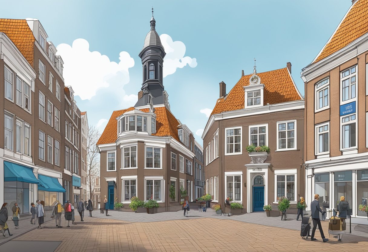 The historical building of the Chamber of Commerce in Arnhem, with a traditional Dutch architecture, surrounded by a bustling city center