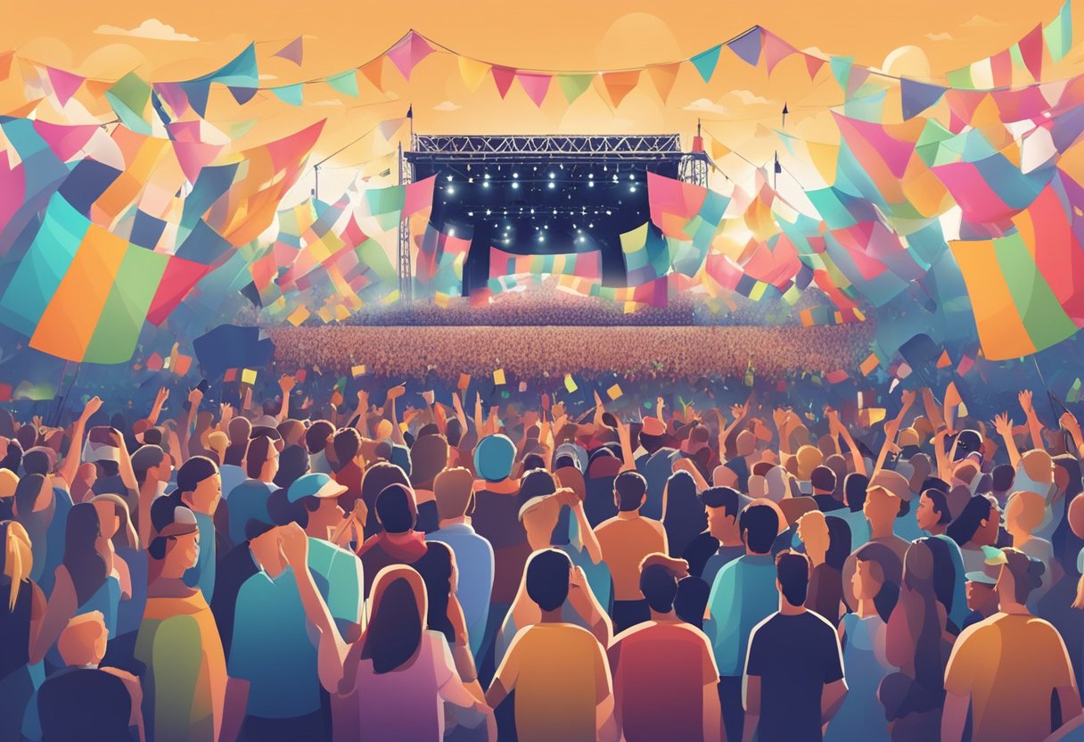 A crowded outdoor music festival with stage, lights, and large crowd of people. Flags and banners with the event name flutter in the breeze