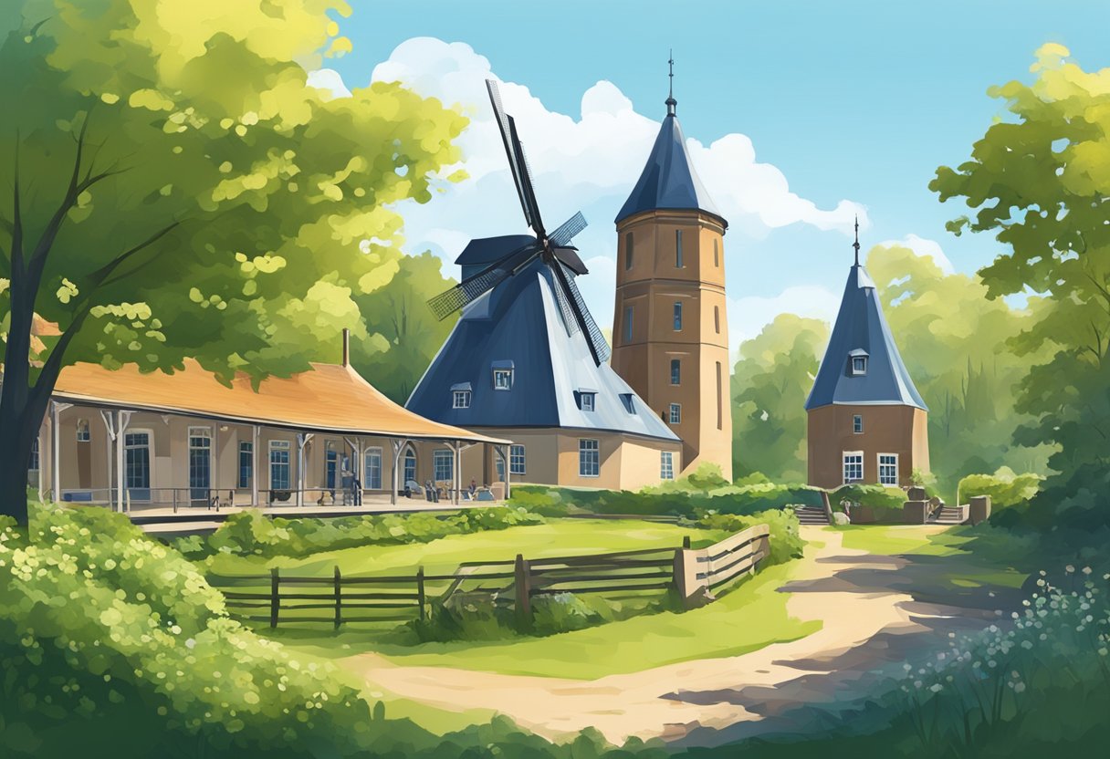 A sunny day at the Open Air Museum in Arnhem, with historic buildings and windmills surrounded by lush greenery and a clear blue sky